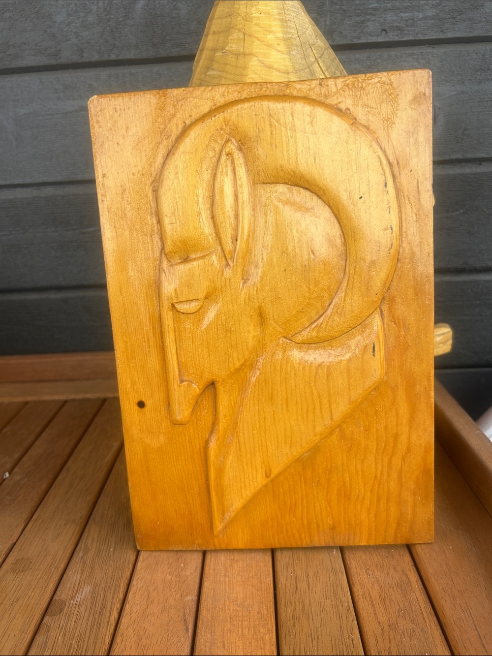 Hand-Carved Wooden Ram Head Bas-Relief
